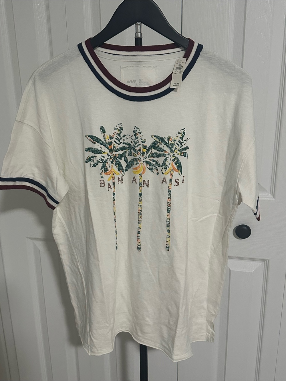 aerie White Palm Tree Graphic Tee with Navy & Burgundy Ringer